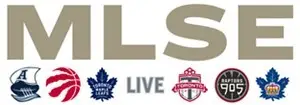The MLSE logo is above six sports team logos, including the Argonauts, Raptors, Maple Leafs, Toronto FC, Raptors 905, and Marlies, with the word &ldquo;LIVE&rdquo; in the center.
