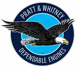 Pratt & Whitney logo featuring a flying bald eagle over a blue circle, with the words &ldquo;PRATT & WHITNEY&rdquo; above and &ldquo;DEPENDABLE ENGINES&rdquo; below.