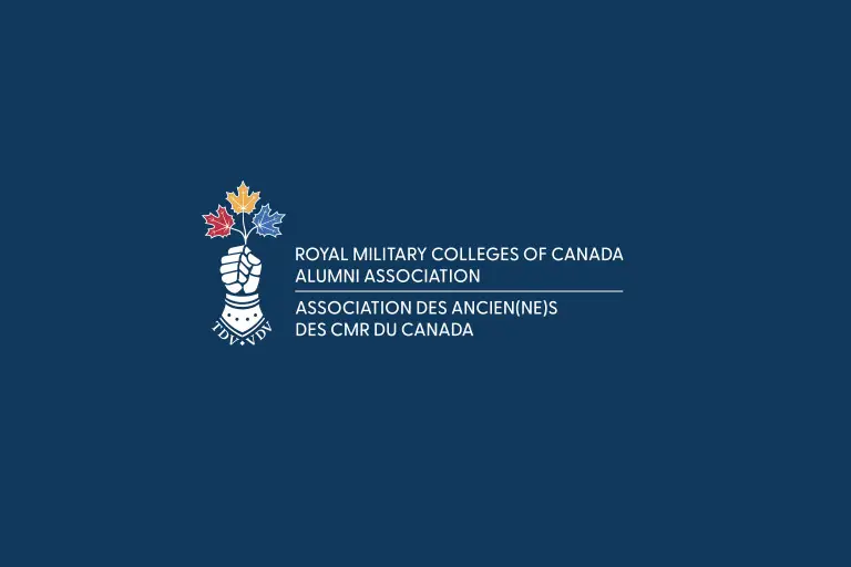 Logo of the Royal Military Colleges of Canada Alumni Association, featuring a stylized fist holding a maple leaf with red, gold, and blue sections, on a dark blue background.