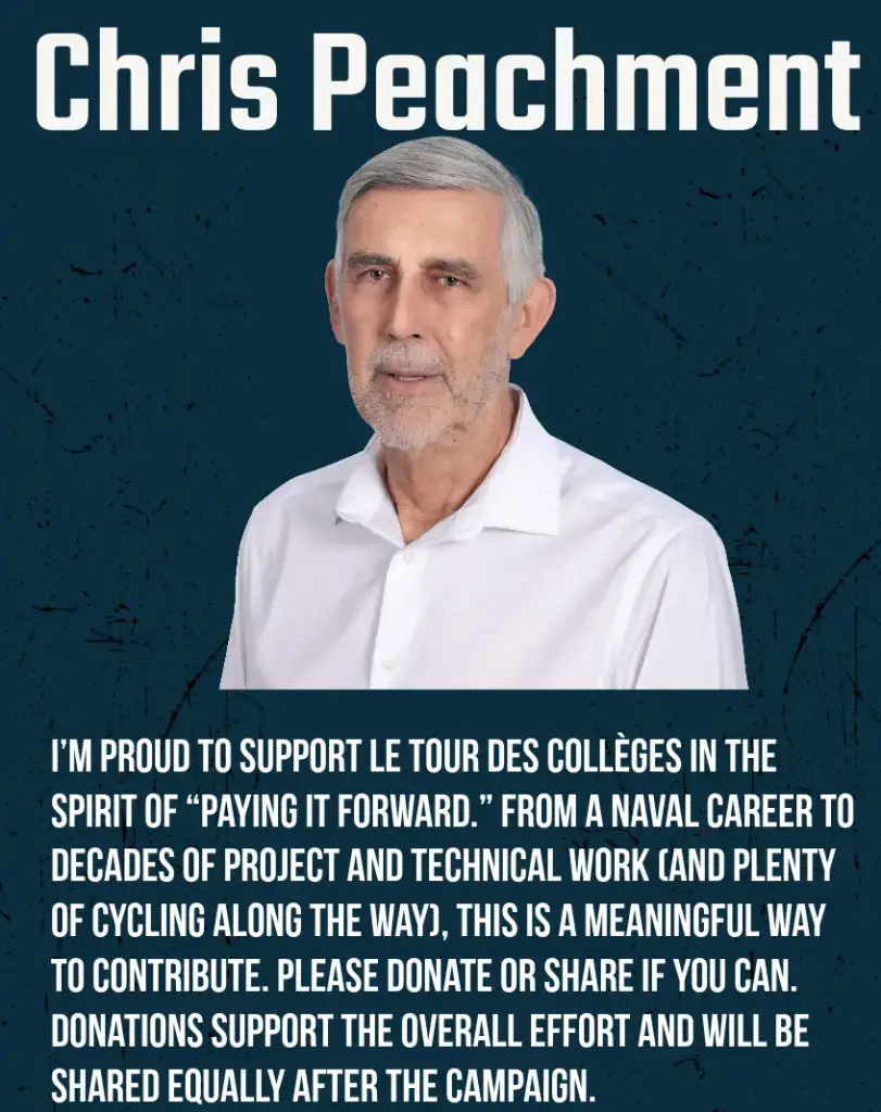 A man with gray hair and beard, wearing a white shirt, stands in front of a blue background. Text below supports a “pay it forward” campaign and encourages donations for an equal-sharing fundraising effort.