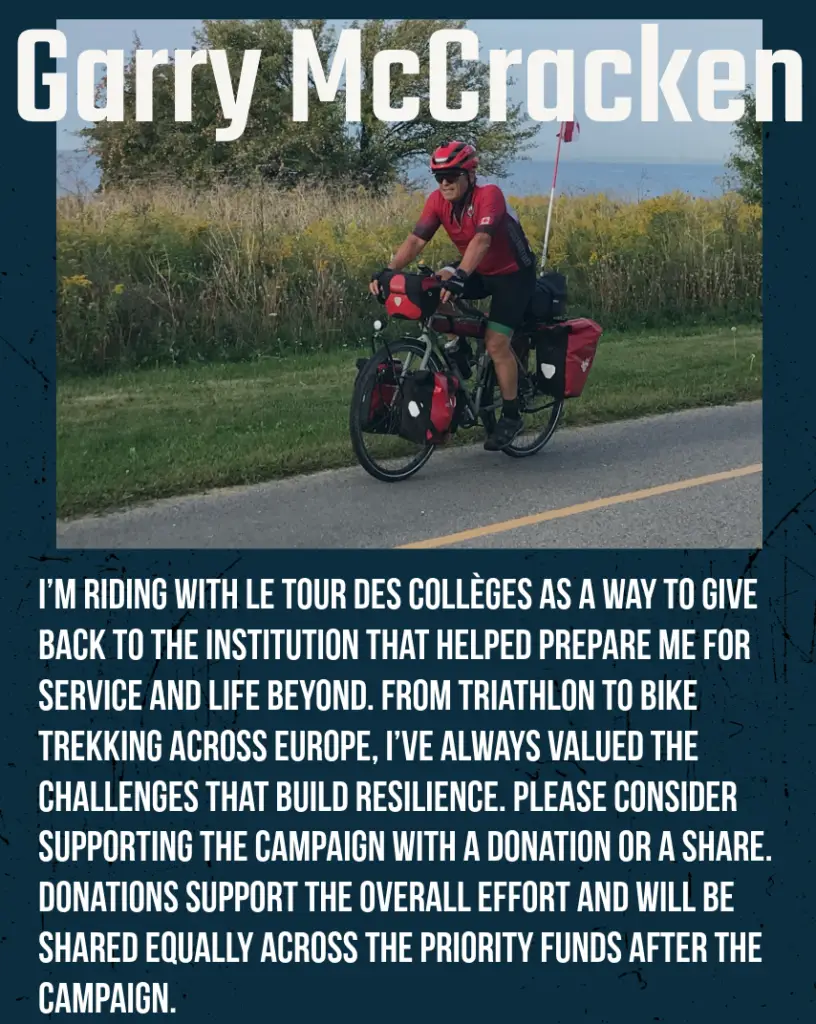 A cyclist wearing red rides a loaded touring bike on a road, with grass and trees in the background. Overlay text explains their ride is a fundraising effort supporting an institution they value for its resilience-building challenges.
