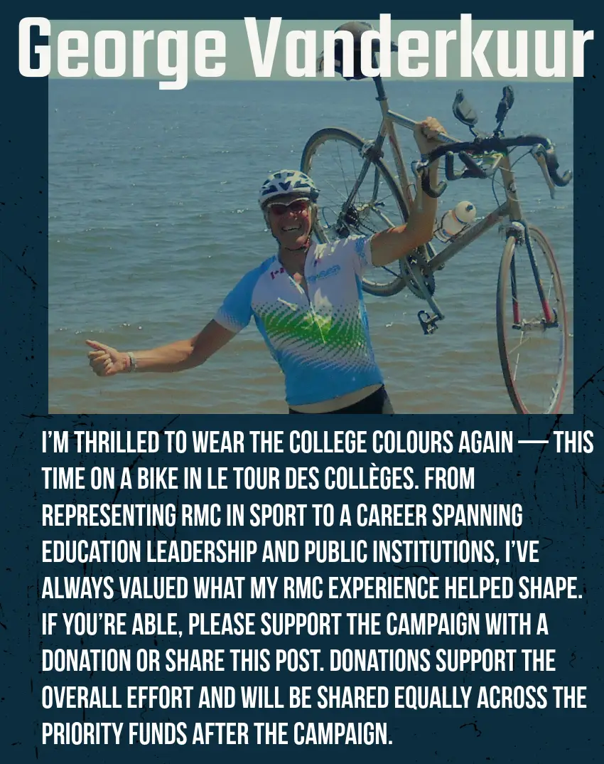 A smiling cyclist stands in water holding a bicycle overhead. Text explains he’s riding in Le Tour Des Collèges, supporting a campaign, and reflects on the value of his educational experience at RMC.