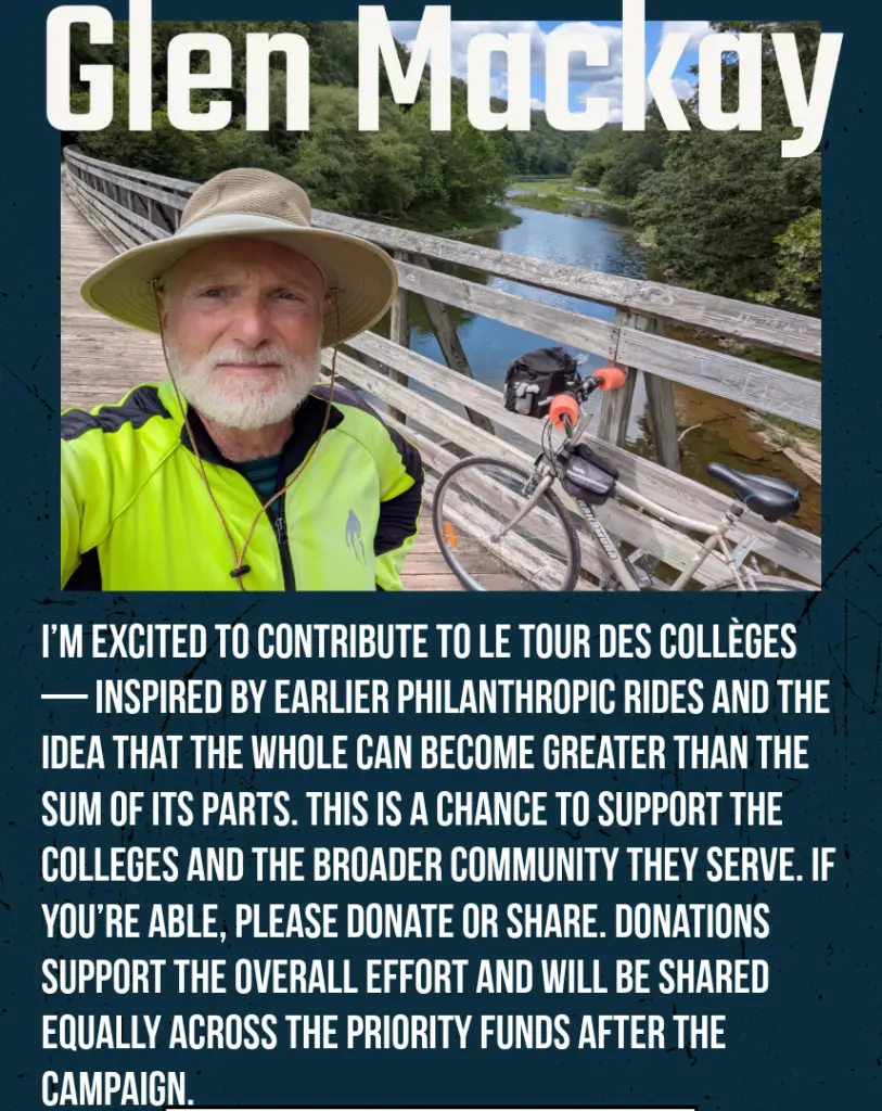 A man in a neon cycling jersey and sun hat stands by his bike on a wooden bridge with water and trees below. Text describes his fundraising ride supporting colleges and their communities.