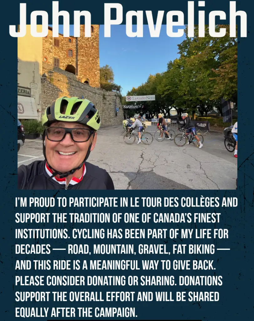 A smiling man with glasses and a helmet stands in front of cyclists gathered on a street near a stone building, with trees and blue sky in the background. Text describes his participation in a charity cycling event.