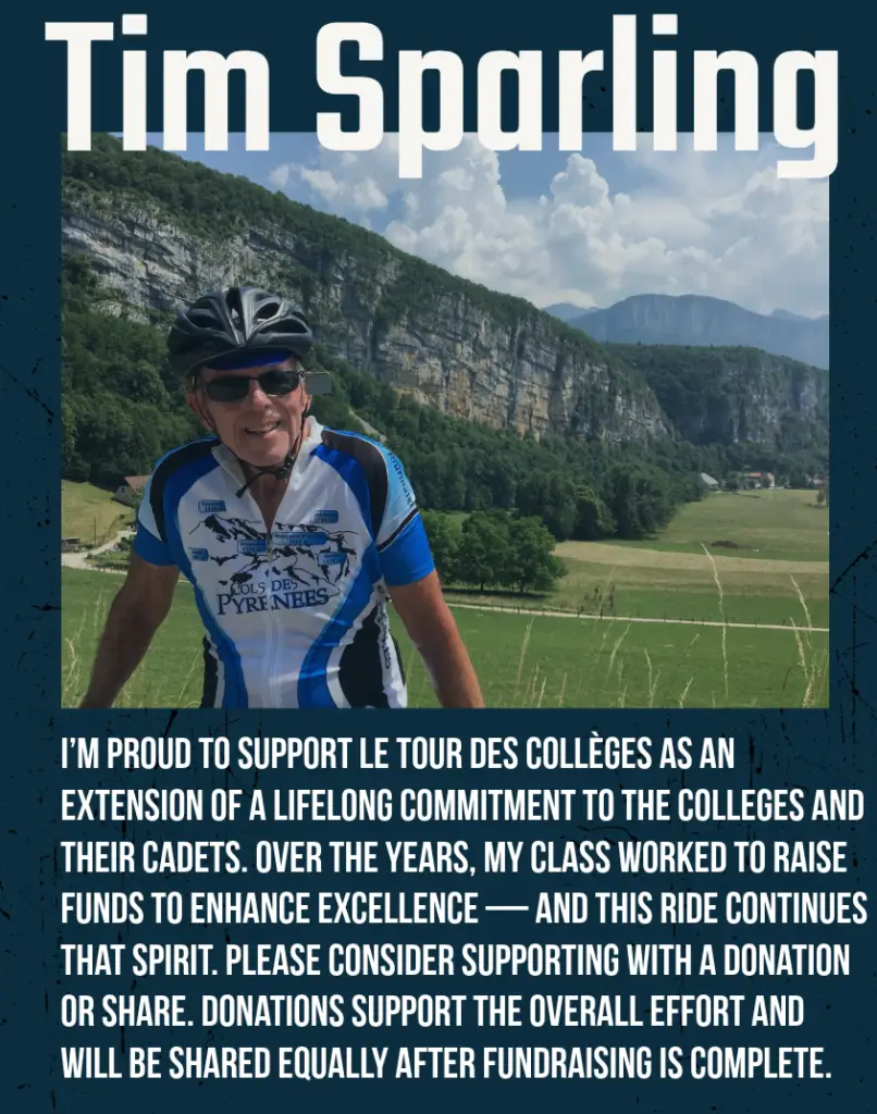 Man in cycling gear stands in front of green fields and rocky hills. Text highlights support for Le Tour des Collèges, fundraising for colleges and cadets, and requests donations or shares to help the cause.