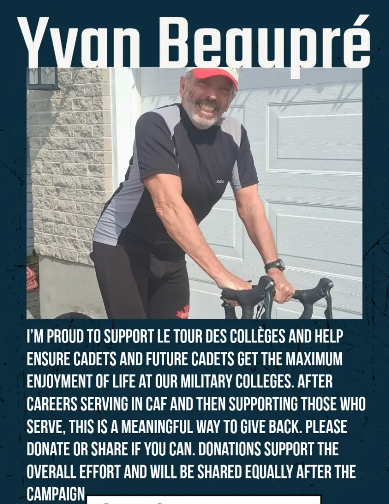 A smiling man in athletic gear and a red cap stands holding a bicycle. Text supports donations for military college cadets in Canada and explains the purpose of the campaign.