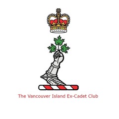 Un bras en armure médiévale tenant trois feuilles d'érable, surmonté d'une couronne, au-dessus d'une inscription en rouge indiquant « The Vancouver Island Ex-Cadet Club » sur fond blanc.