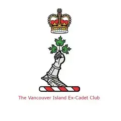 A crowned armored hand holding three maple leaves, above a red and white striped bar. Below, the text reads: “The Vancouver Island Ex-Cadet Club.”.