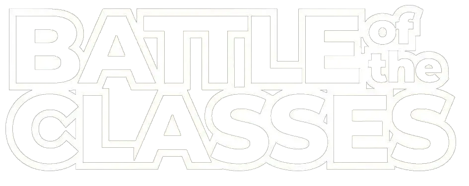 White outlined text on a transparent background reads &ldquo;BATTLE of the CLASSES,&rdquo; with &ldquo;of the&rdquo; in smaller letters above &ldquo;CLASSES.&rdquo;.