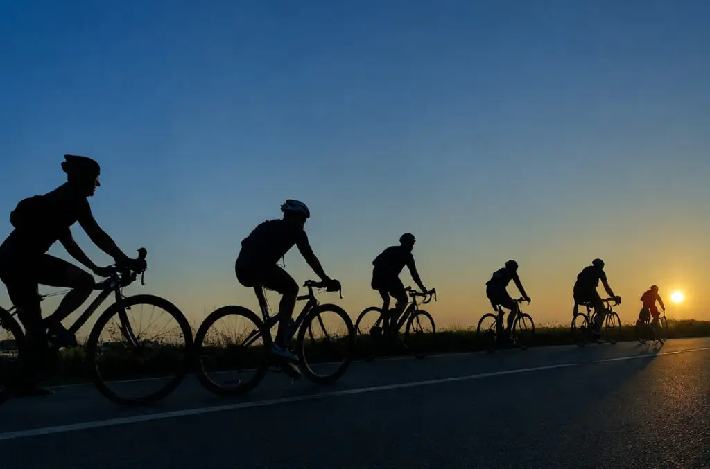 Six cyclists ride in a line along a road at sunset, their silhouettes dark against the orange and blue sky. The sun is low on the horizon, casting long shadows as they pedal together.
