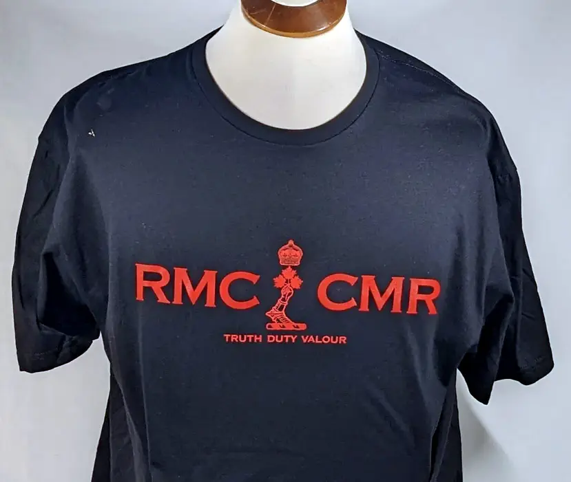 Black t-shirt with red text: &ldquo;RMC CMR&rdquo; and &ldquo;TRUTH DUTY VALOUR&rdquo; below a red logo featuring a crown and a torch.