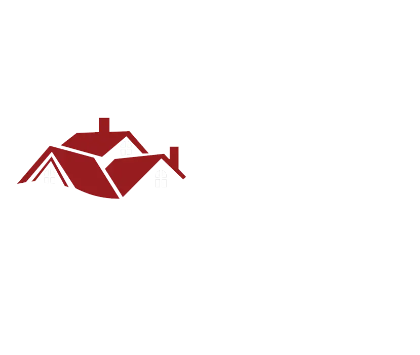 Logo for All-Purpose Realty Brokerage with two overlapping red rooftops and chimneys on the left, and company name and tagline in white text on the right.