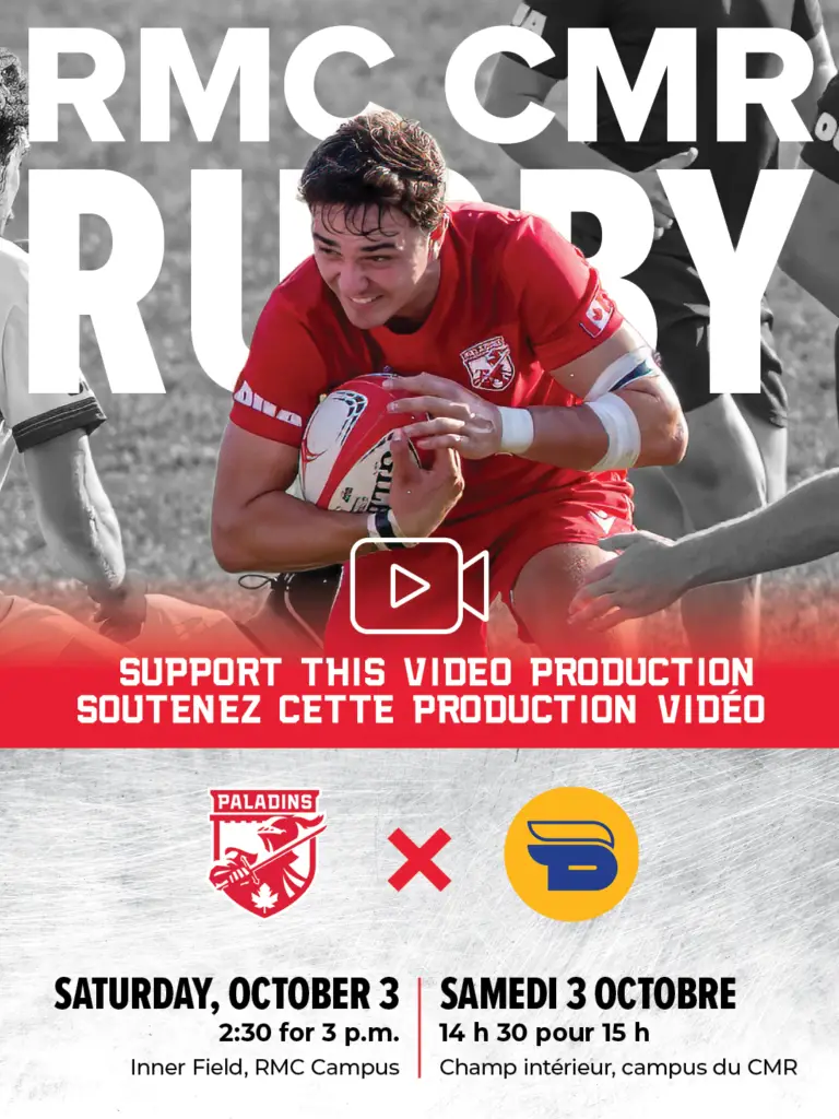 A rugby player in red runs with the ball. Text advertises an RMC vs. Paladins rugby match on Saturday, 3 October, with English and French details for time and location, plus a call to support the video production.