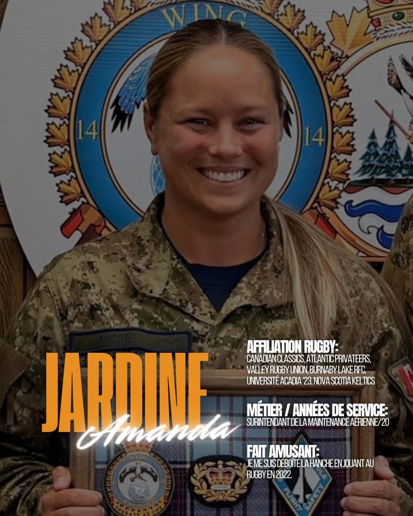 A smiling woman in a Canadian military camouflage uniform holding a commemorative plaque, with text detailing her rugby affiliations, service as an aviation maintenance superintendent, and a fun fact about dislocating her hip in 2022.