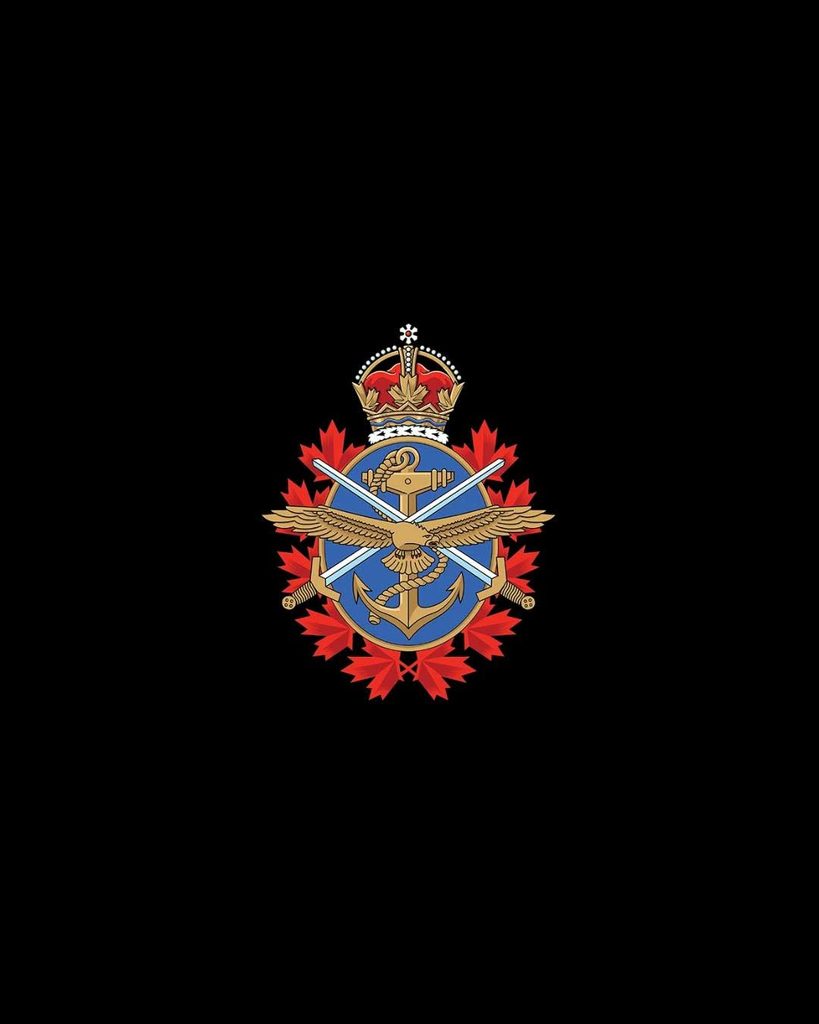 The Canadian Armed Forces emblem for CAF Women’s Rugby, featuring an anchor, crossed swords, and a golden eagle, topped by a crown and surrounded by red maple leaves against a black background.