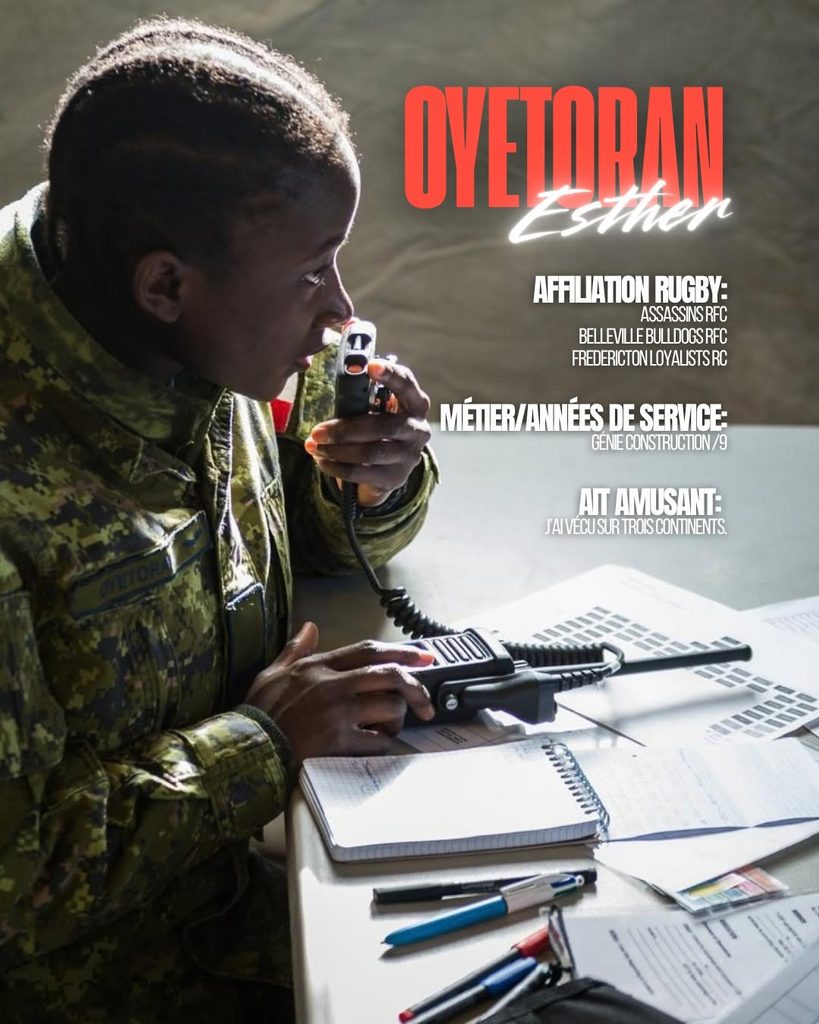 A soldier in camouflage uniform speaks into a handheld radio at a desk with paperwork, alongside text providing her name, Esther Ovetoran, her rugby affiliations, her job in construction, and a fun fact about her life.