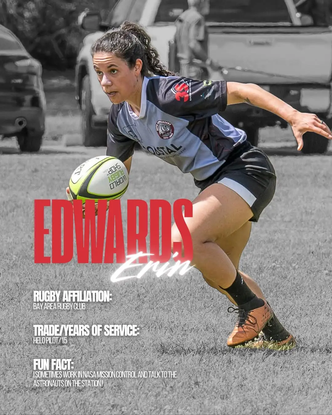 A rugby player running with the ball on a pitch, with text overlay providing her name, Erin Edwards, and professional profile details including her affiliation with the Bay Area Rugby Club and her work as a helicopter pilot.