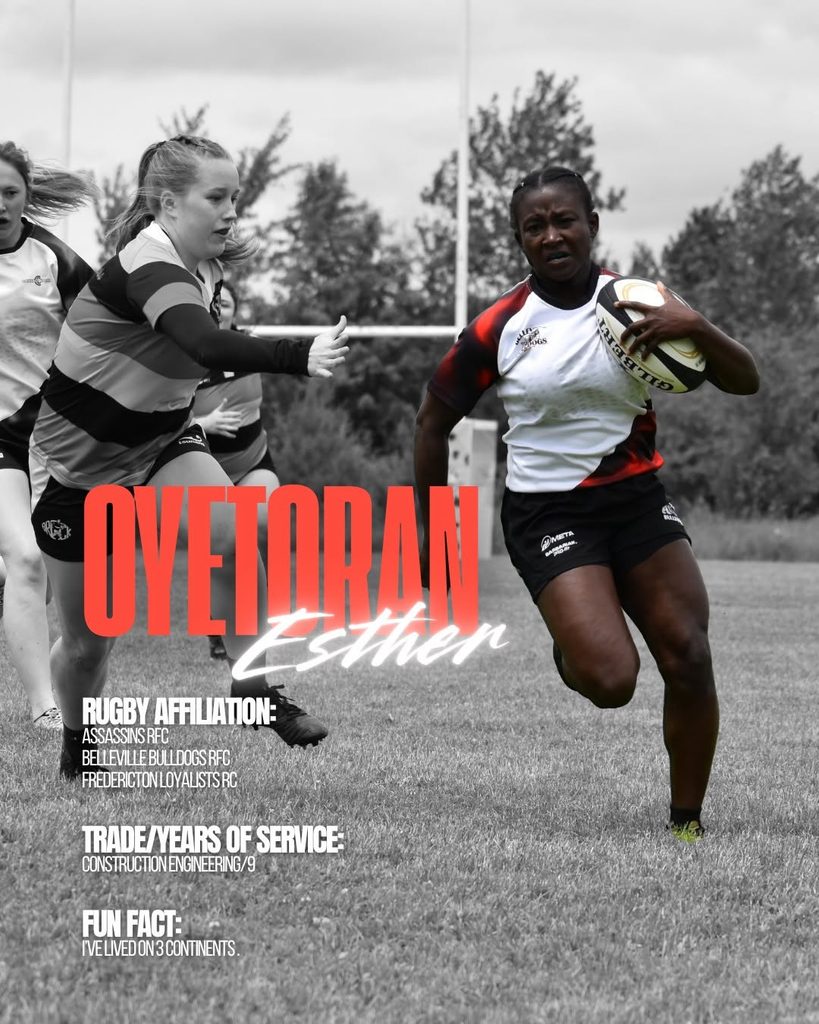 Rugby player Esther Ovetoran running with a ball on a pitch, with text listing her rugby affiliations, trade, and a fun fact.
