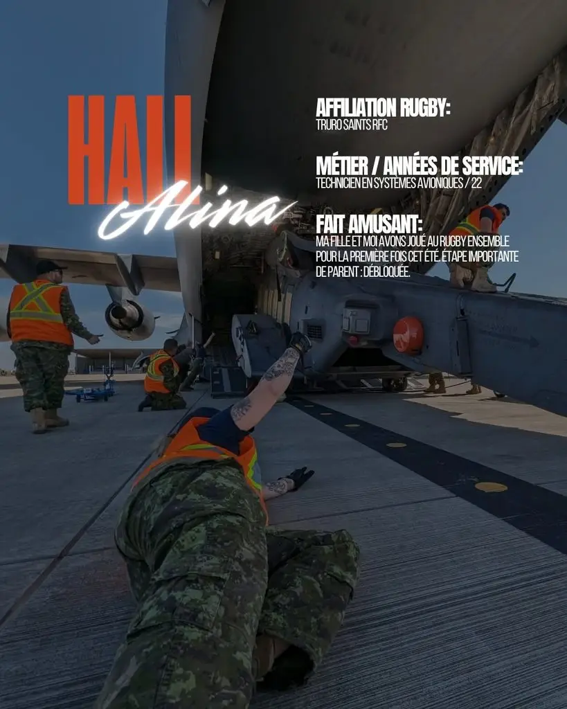 Royal Canadian Air Force personnel in high-visibility vests work around a military aircraft, with text overlay providing the service member’s name, unit, trade, years of service, and a personal fun fact.