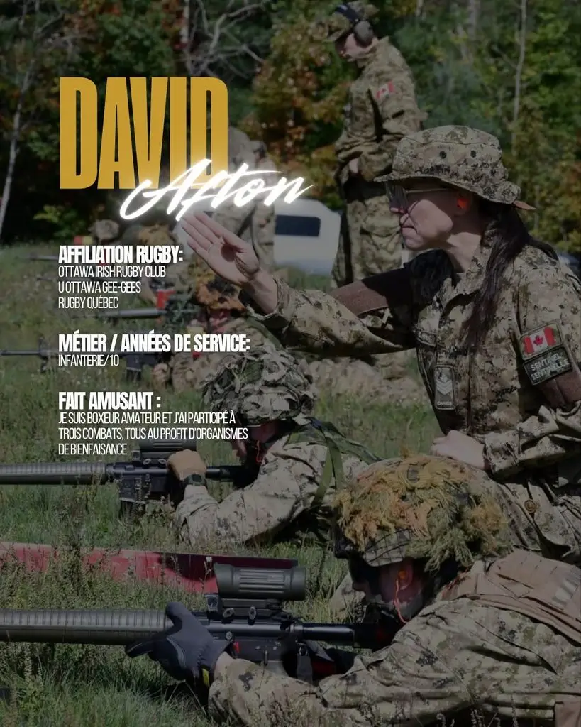 A soldier in camouflage uniform signals to others while kneeling behind two soldiers lying prone on the ground with rifles; text overlay introduces David Afton, his rugby affiliations, military role, and a fun fact about his amateur boxing career.