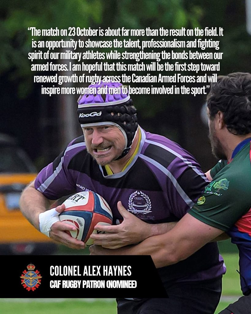 A rugby player in a purple kit holds the ball whilst being tackled, overlaid with a quote from Colonel Alex Haynes about the importance of the 23rd October match for the Canadian Armed Forces.