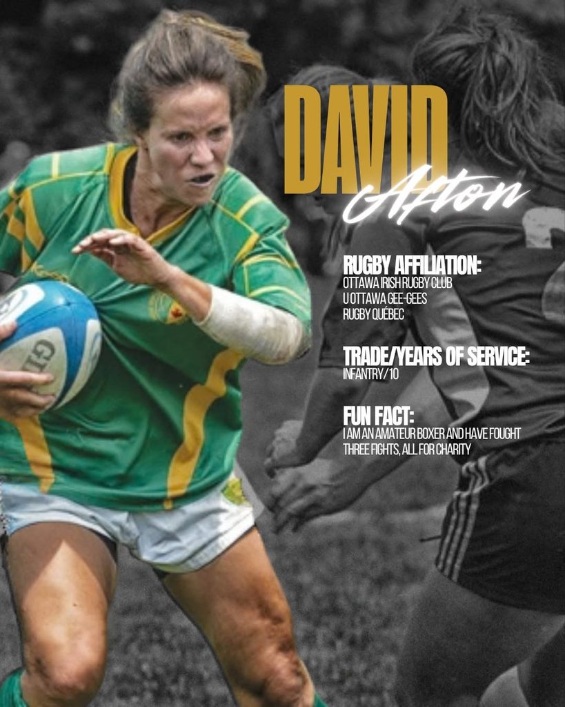 Rugby player David Afton in a green and yellow jersey holding a ball, with text detailing his rugby affiliation, infantry service, and amateur boxing experience.