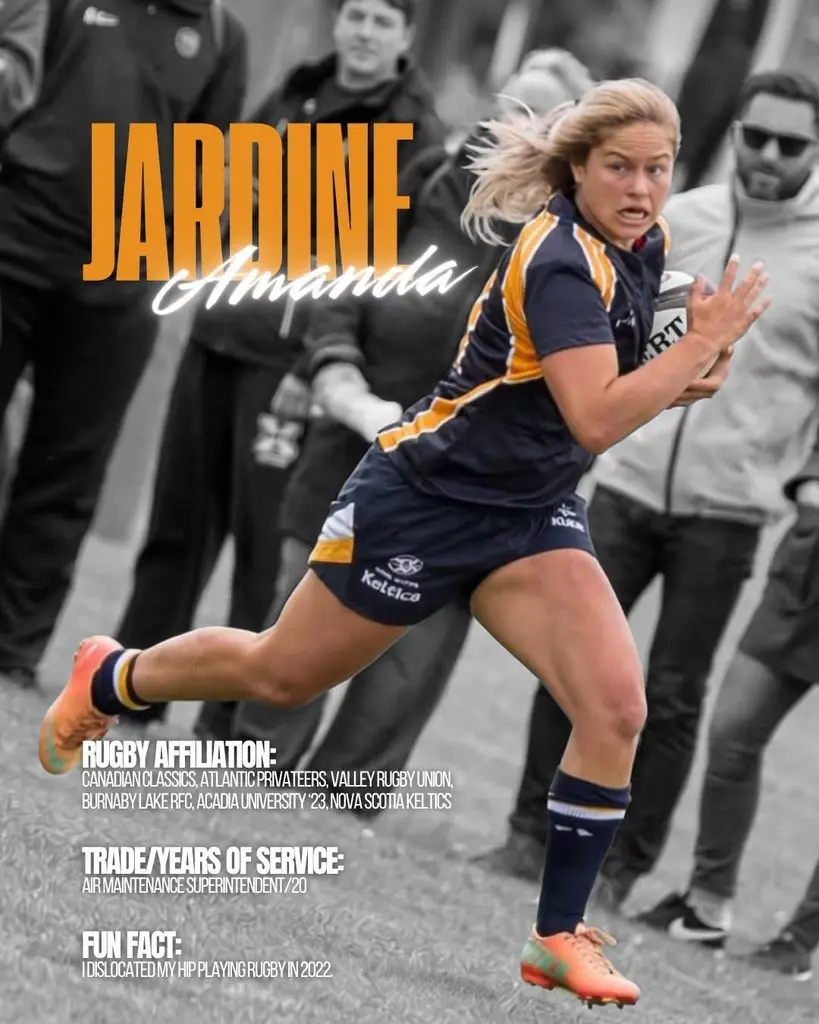 Rugby player Amanda Jardine running with a ball, with her name, rugby affiliations, trade, and a fun fact overlaid on the image.