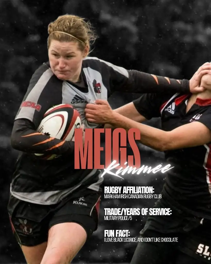 Rugby player Kimmee Meigs in a match, with text overlay detailing her affiliation with the Markham Irish Canadian Rugby Club, her role as military police, and her dislike of chocolate.