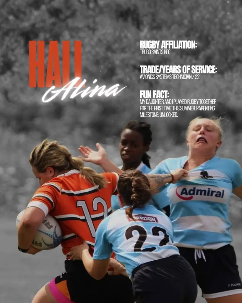 A rugby player in an orange jersey runs with the ball whilst being tackled by two opponents in light blue jerseys, with text overlay providing the player’s profile information.