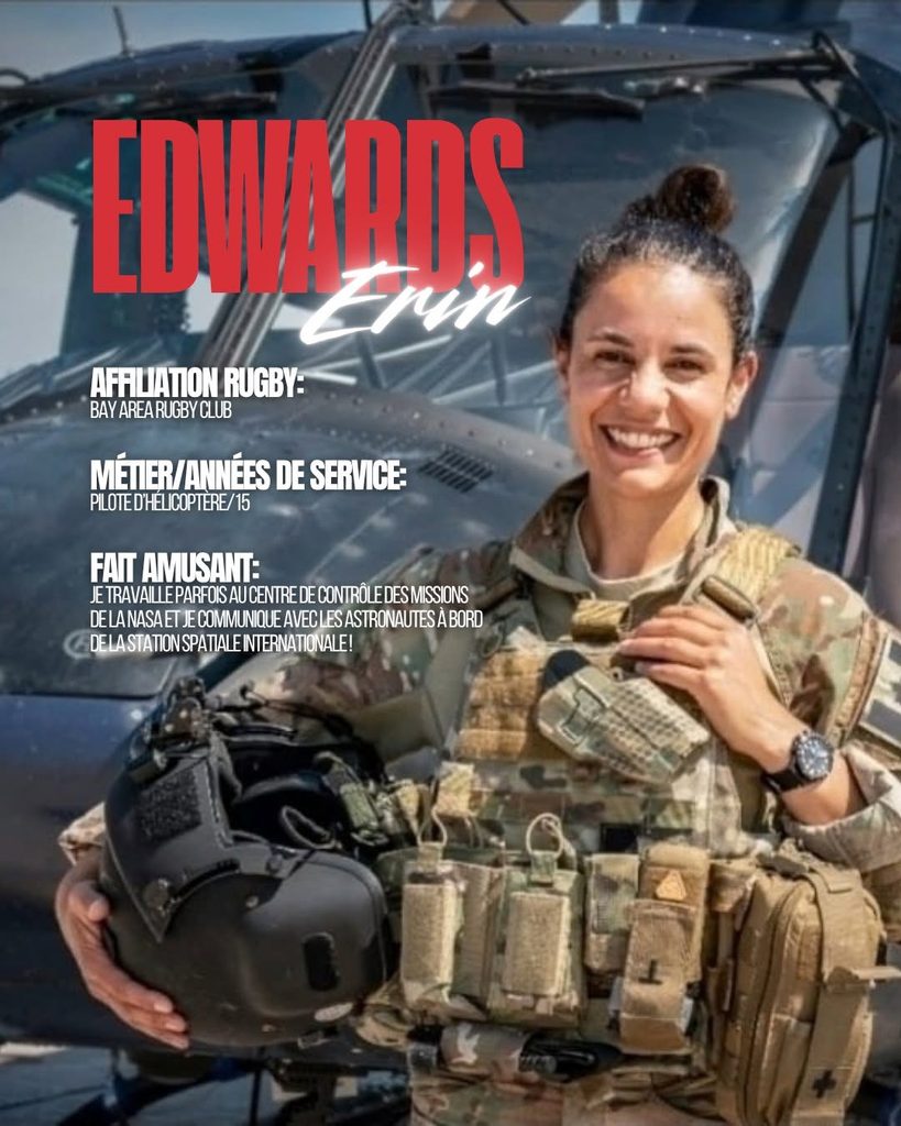 A smiling woman in military uniform holding a flying helmet in front of a helicopter, with text profiling her name, rugby affiliation, profession as a helicopter pilot, and her work at NASA mission control.