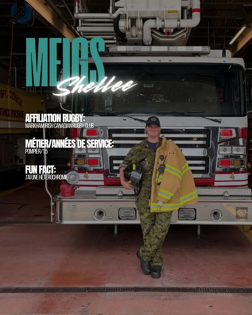 A Canadian Armed Forces member in camouflage uniform and a cap stands in front of a fire engine, holding a helmet and turnout coat, with text overlays providing their name, rugby affiliation, profession, and a fun fact.