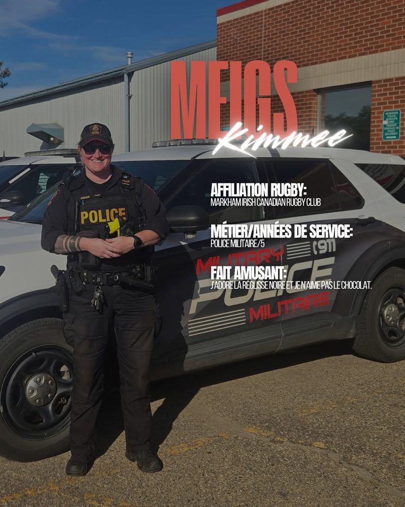 A police officer stands in front of a parked military police patrol vehicle, with text overlays providing her name, affiliation, service details, and a fun fact.