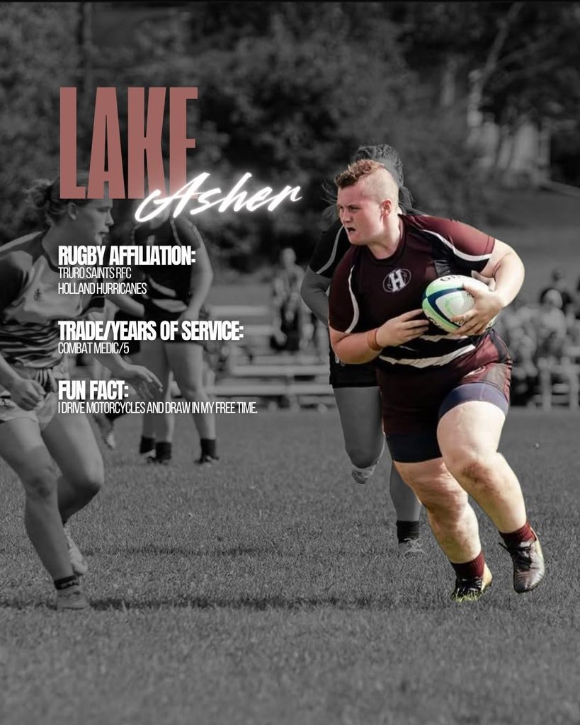 Lake Asher of CAF Women’s Rugby runs with the ball in a maroon kit. Overlay text identifies her as a combat medic with five years of service, noting her interests in riding motorbikes and drawing.