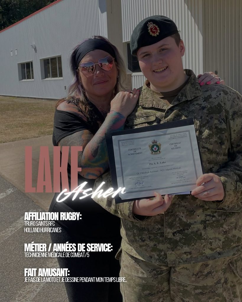 A woman with tattooed arms stands with her arm round a CAF Women’s Rugby player in a Canadian military camouflage uniform holding a certificate of achievement.