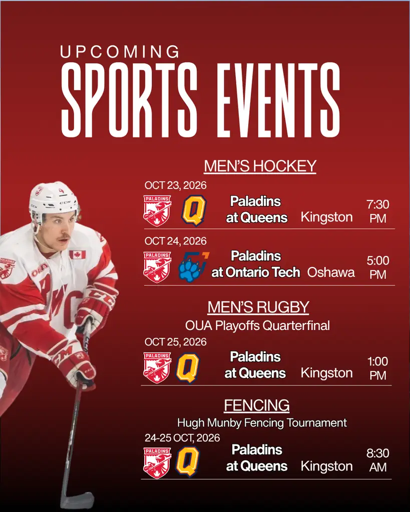 Upcoming sports events schedule featuring men’s hockey, men’s rugby, and fencing matches for the Paladins from 23 to 25 October 2026.