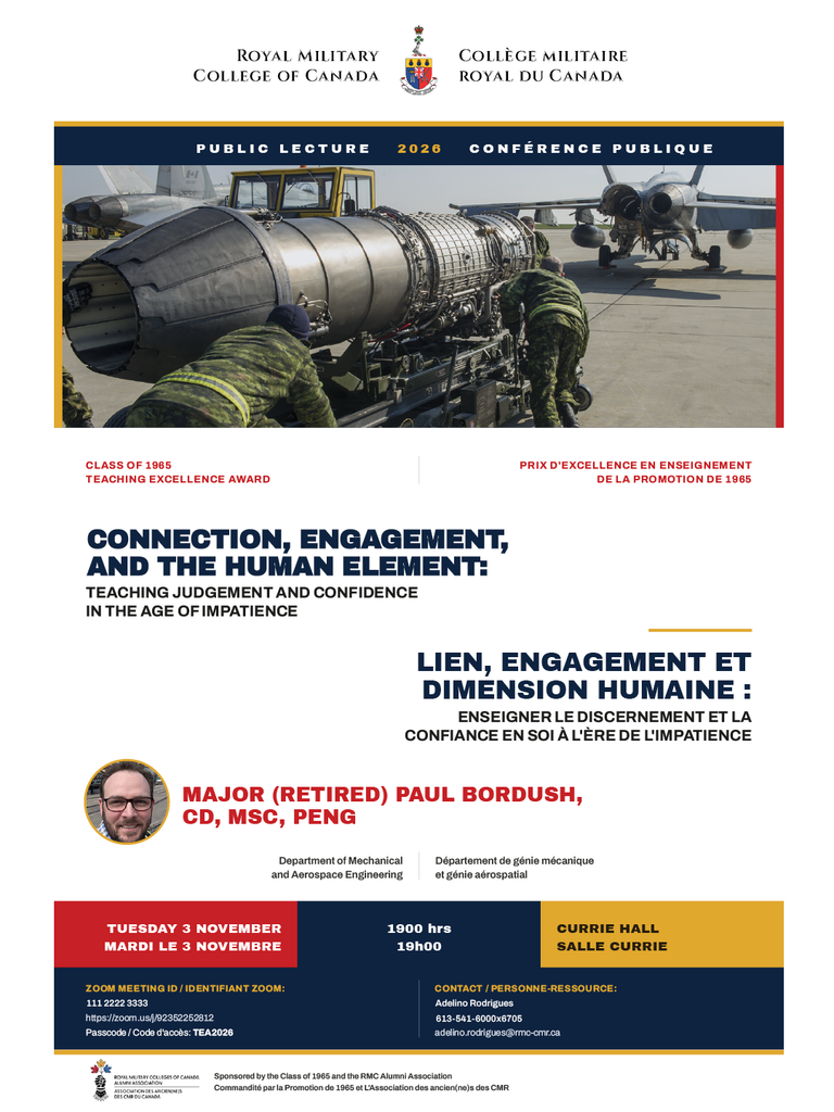 Poster for a public lecture at the Royal Military College of Canada titled “Connection, Engagement, and the Human Element,” featuring Major (Retired) Paul Bordush, taking place on Tuesday, 3 November at 19:00 in Currie Hall.