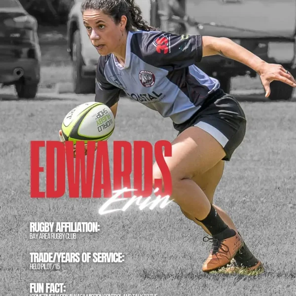 A rugby player running with the ball on a pitch, with text overlay providing her name, Erin Edwards, and professional profile details including her affiliation with the Bay Area Rugby Club and her work as a helicopter pilot.
